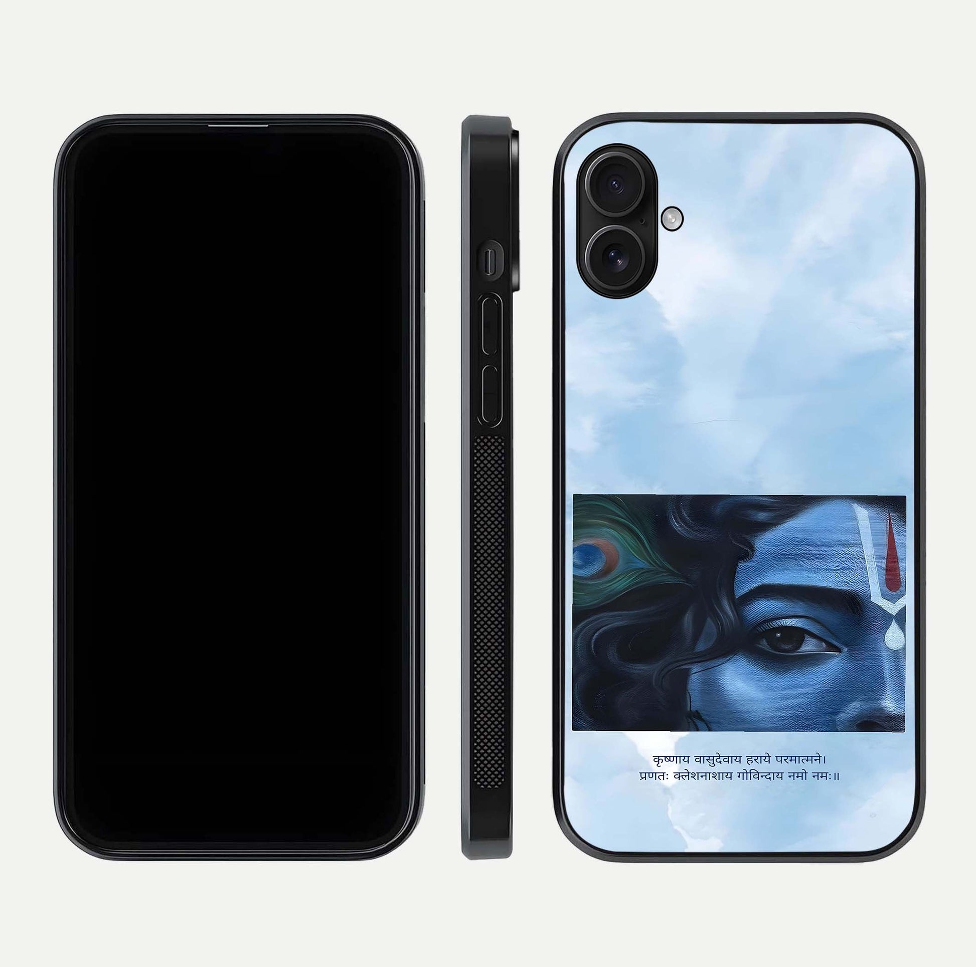 Spiritual Krishna Glass Case for iPhone 16 Plus front & back layout showing spiritual artwork and clean edge