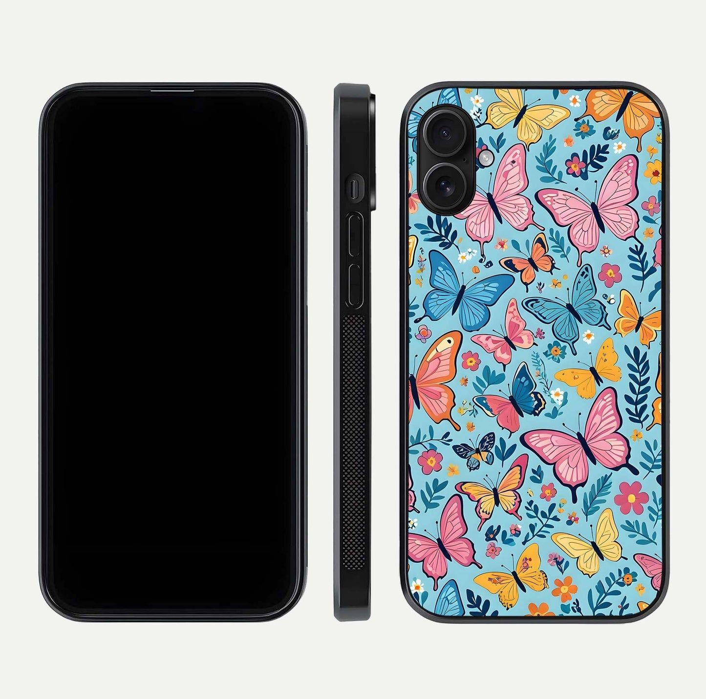 Spring Wing Garden Glass Case for iPhone 16 Plus front & back layout showing soft tones and elegant glass design