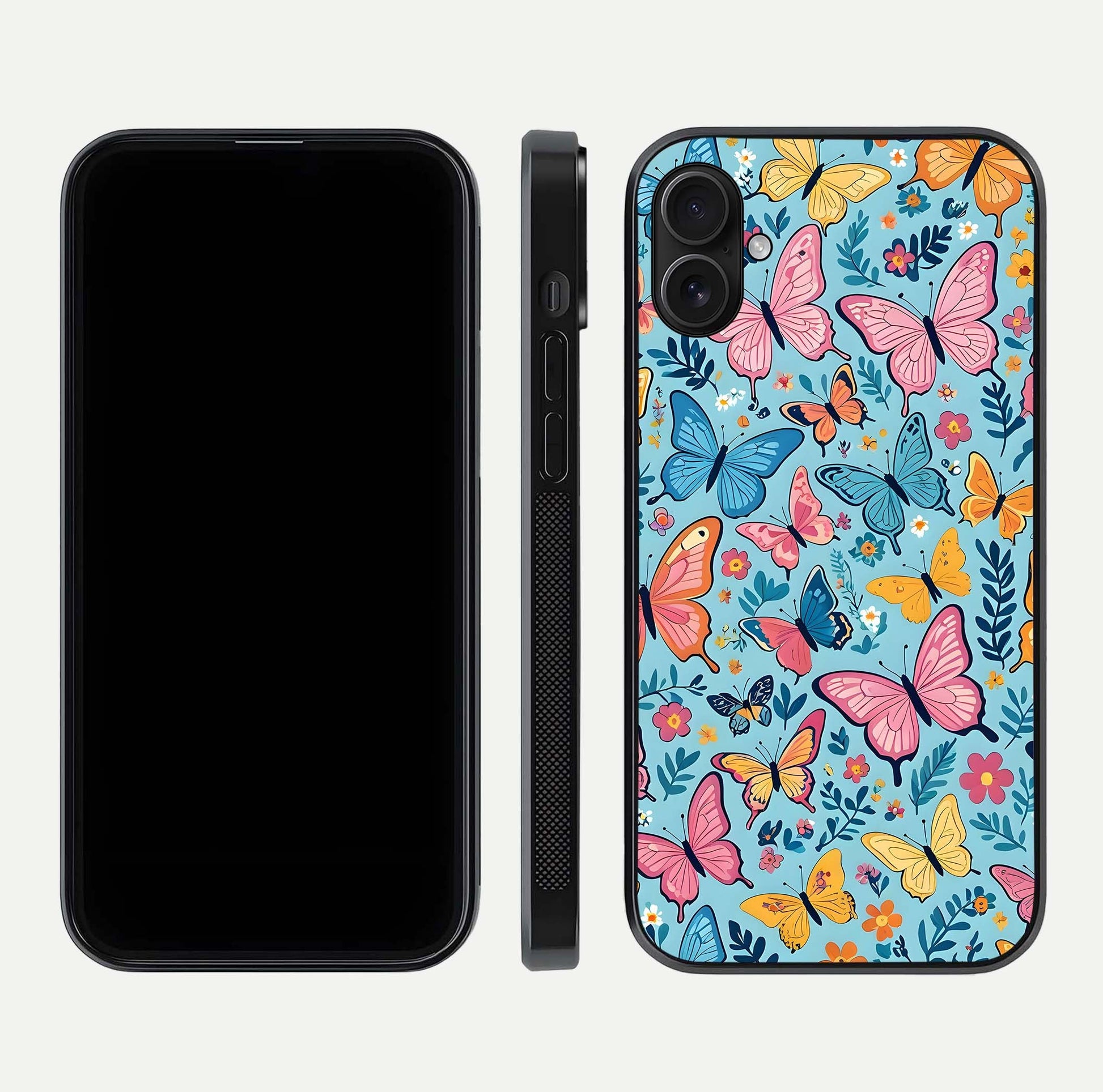 Spring Wing Garden Glass Case for iPhone 16 Plus front & back layout showing soft tones and elegant glass design