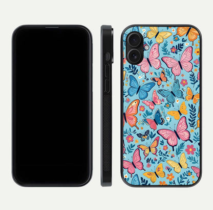 Spring Wing Garden Glass Case for iPhone 16 Plus front & back layout showing soft tones and elegant glass design