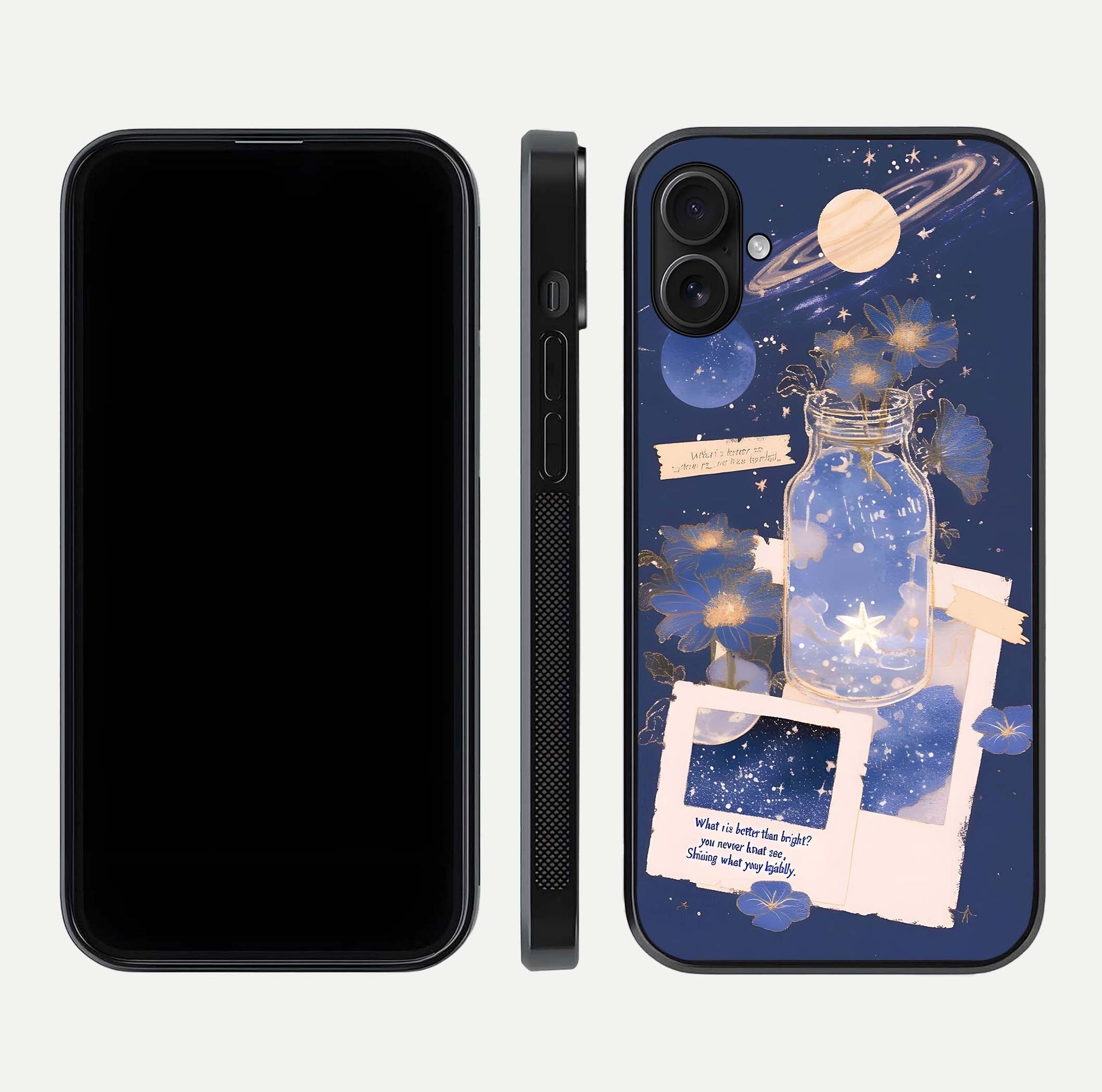 Starlit Cosmic Jar Glass Case for iPhone 16 Plus front & back layout showing cosmic pattern and curved glass edge