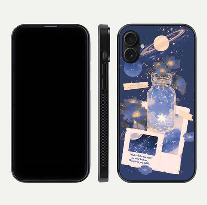 Starlit Cosmic Jar Glass Case for iPhone 16 Plus front & back layout showing cosmic pattern and curved glass edge