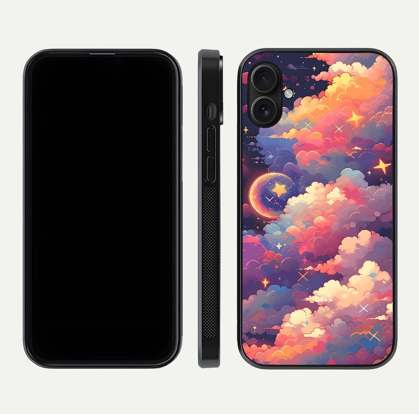 Starlit Dream Clouds Glass Case for iPhone 16 Plus front & back layout showing gradient tones and smooth edge