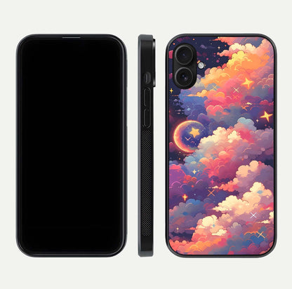 Starlit Dream Clouds Glass Case for iPhone 16 Plus front & back layout showing gradient tones and smooth edge