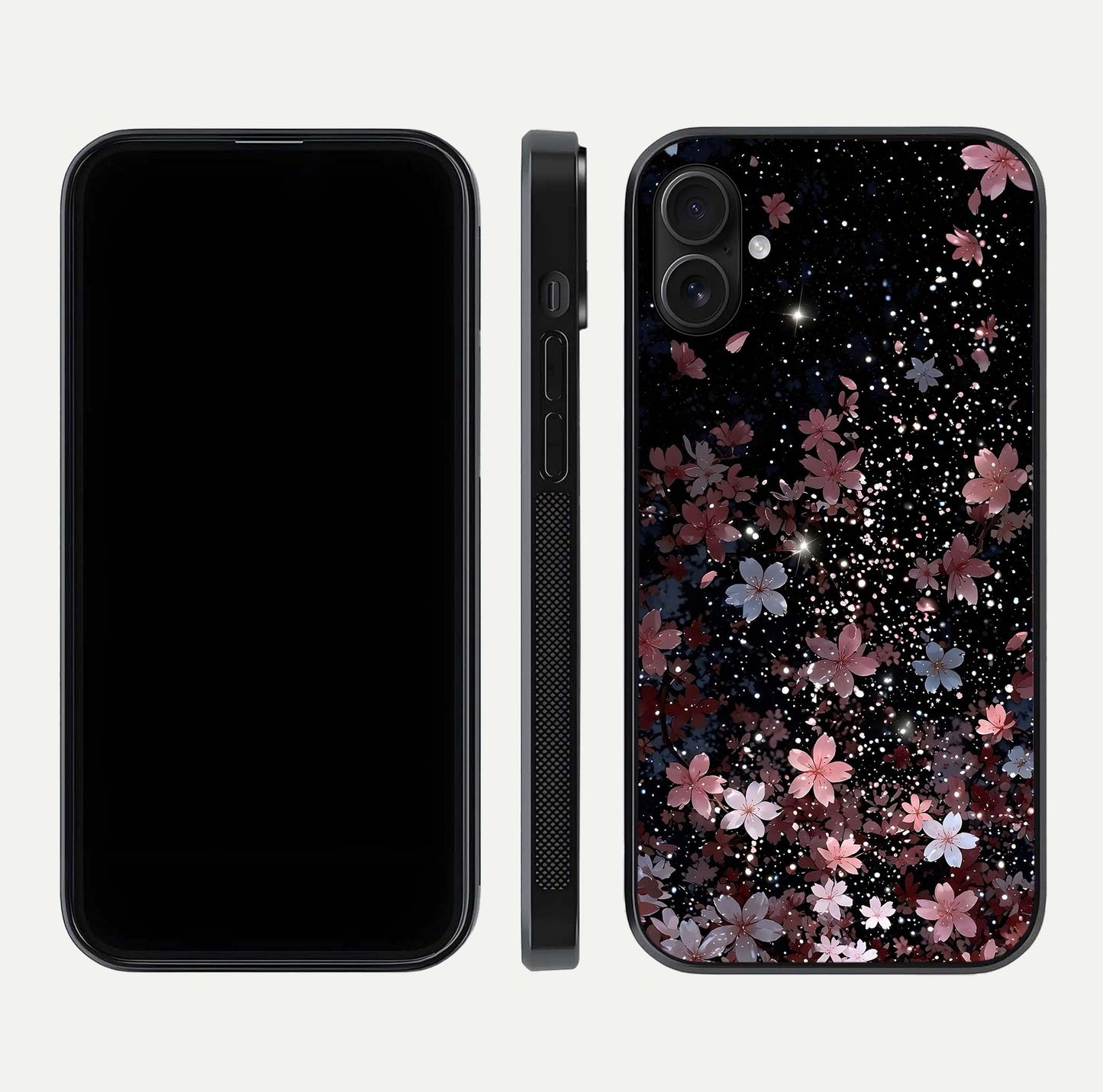 Starlit Flower Dreams Glass Case for iPhone 16 Plus front & back layout showing soft bloom design and curved edge