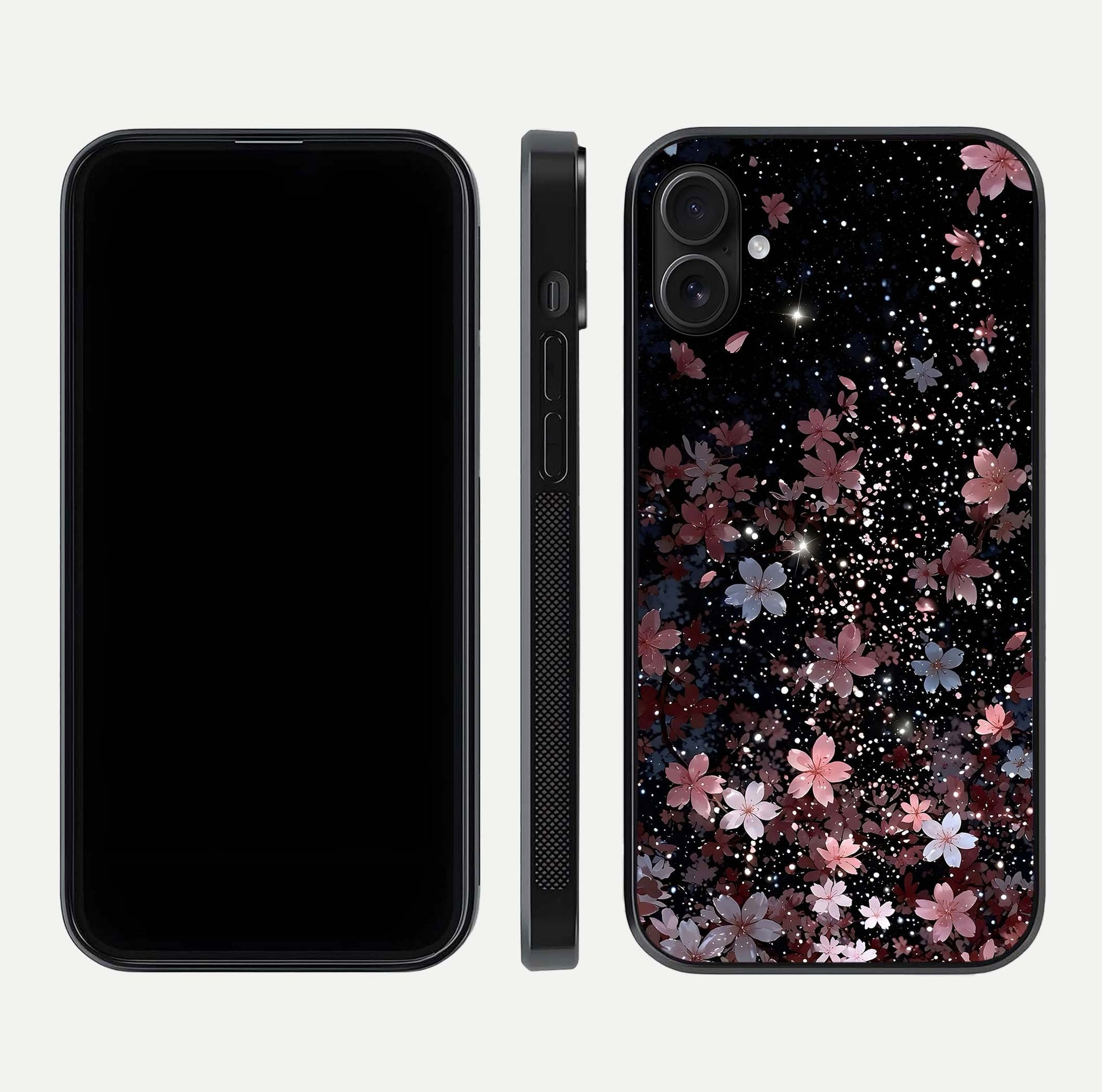 Starlit Flower Dreams Glass Case for iPhone 16 Plus front & back layout showing soft bloom design and curved edge