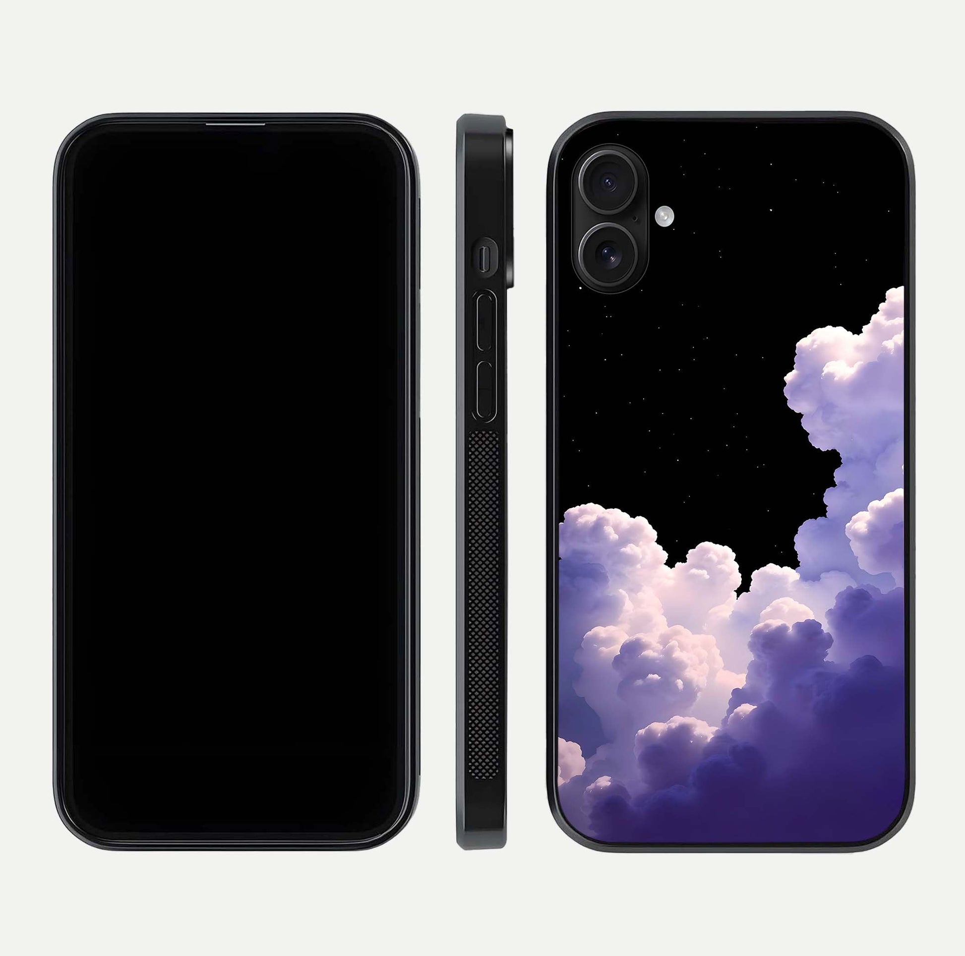 Starlit Night Whispers Glass Case for iPhone 16 Plus front & back layout showing moon tones and curved edges