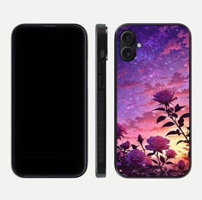 Starlit Rose Twilight Glass Case for iPhone 16 Plus front & back layout showing floral blend and glossy edge