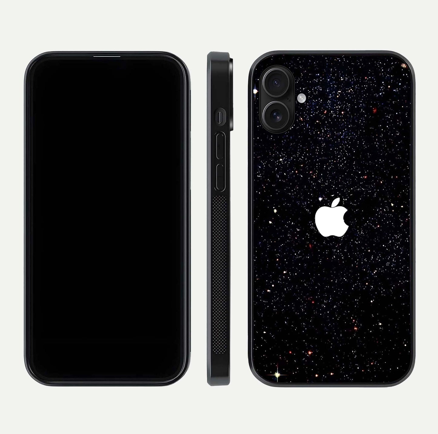 Starry Apple Galaxy Glass Case for iPhone 16 Plus front & back layout showing cosmic tones and sleek edge