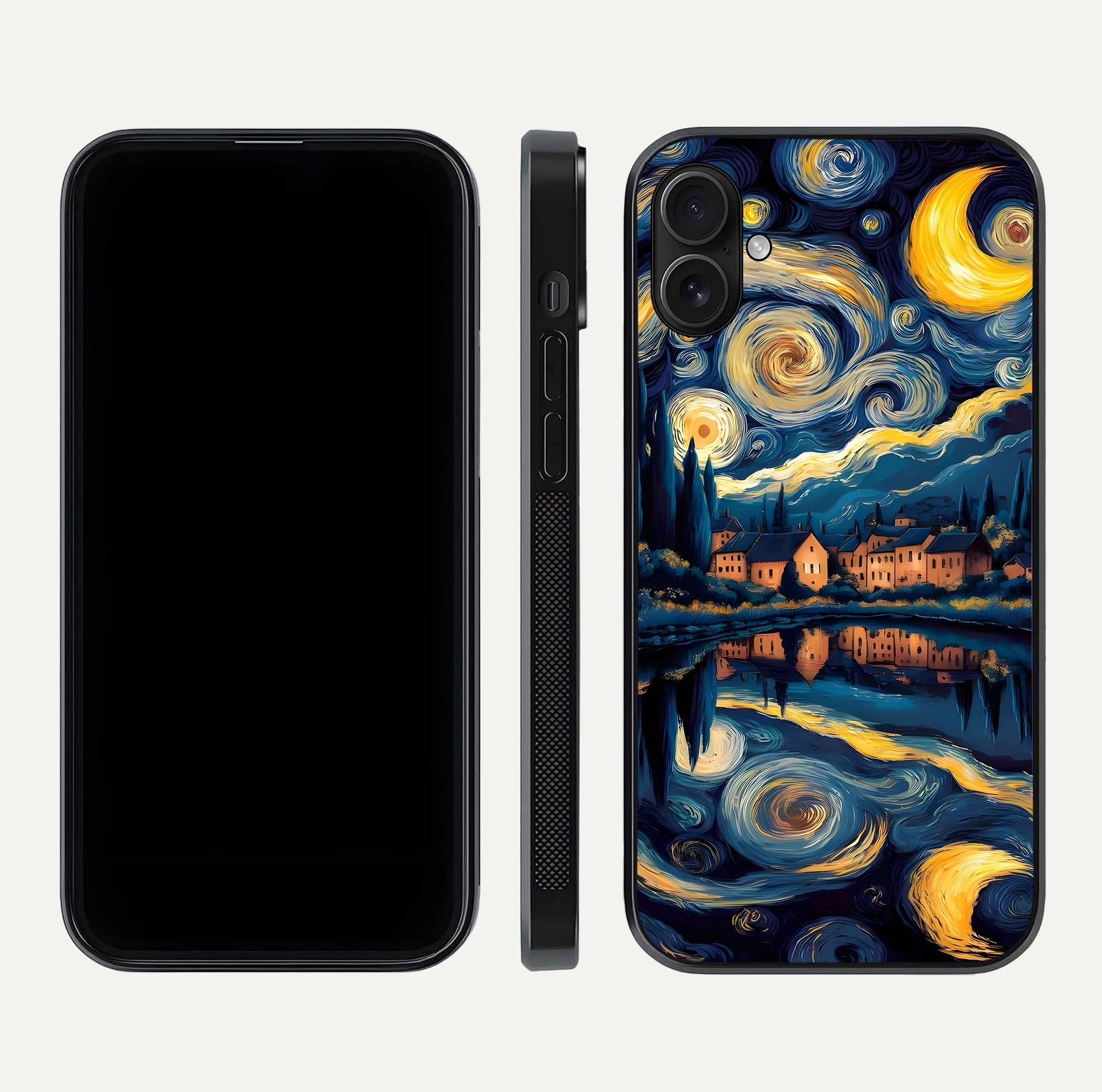 Starry Sky Serenity Glass Case for iPhone 16 Plus front & back layout showing stars and curved glass edges