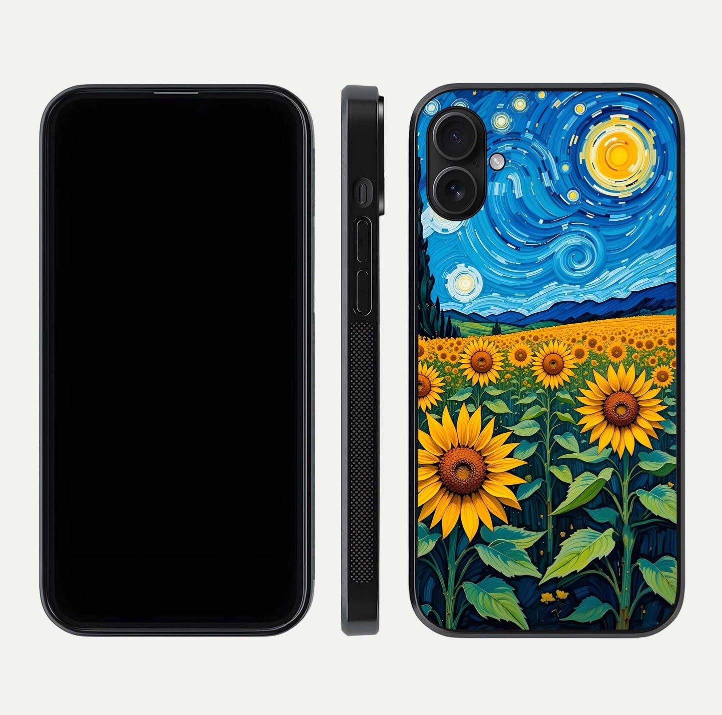 Starry Sunflower Dreams Glass Case for iPhone 16 Plus front & back layout showing floral blend and edge detail