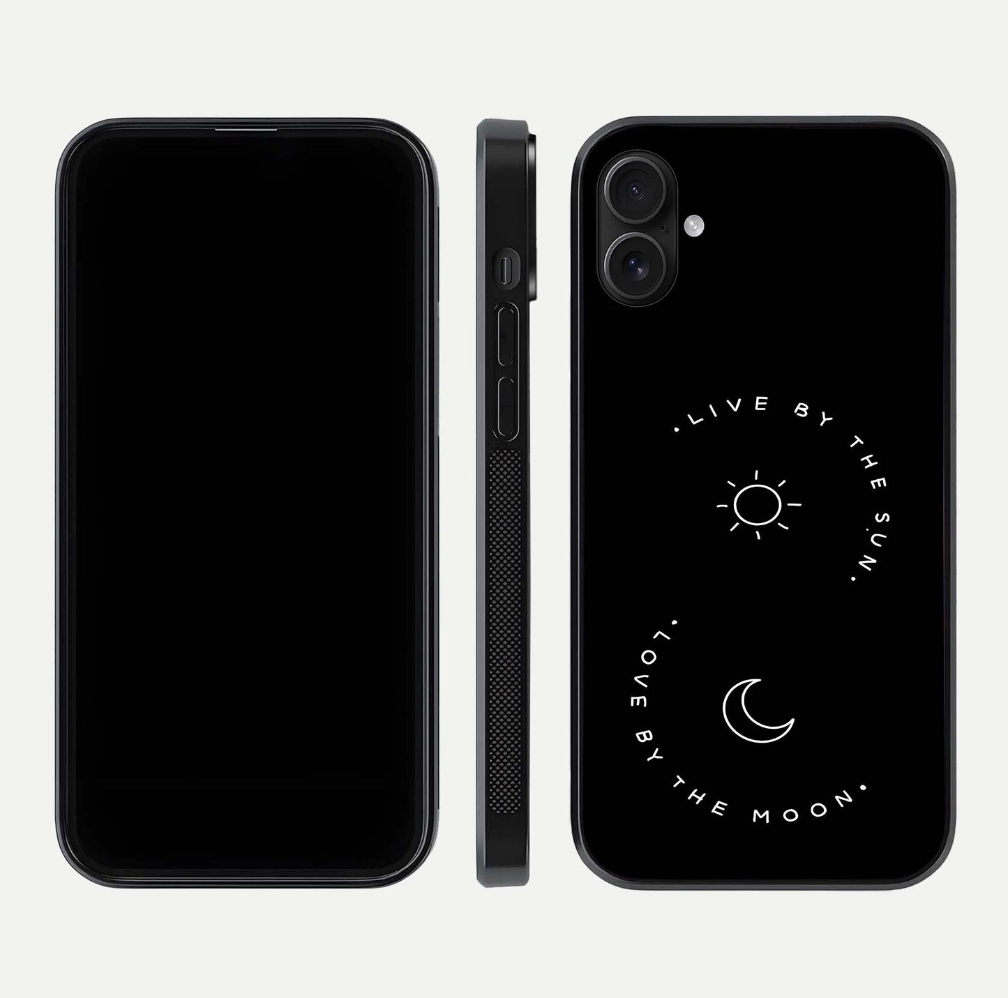Sun Moon Balance Glass Case for iPhone 16 Plus front & back layout showing smooth gradient and balanced design