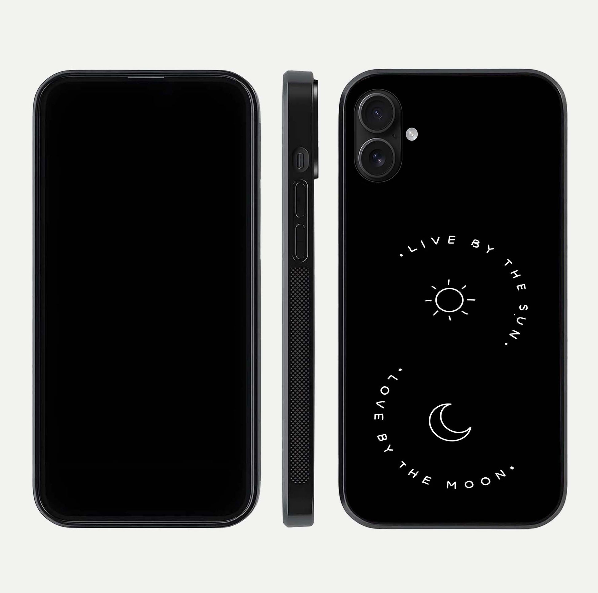 Sun Moon Balance Glass Case for iPhone 16 Plus front & back layout showing smooth gradient and balanced design