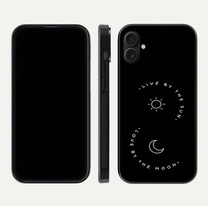 Sun Moon Balance Glass Case for iPhone 16 Plus front & back layout showing smooth gradient and balanced design