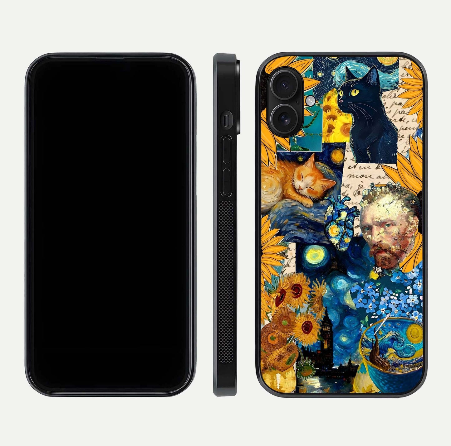 Sunflower Cat Art Glass Case for iPhone 16 Plus front & back layout showing detailed floral cat design and edges