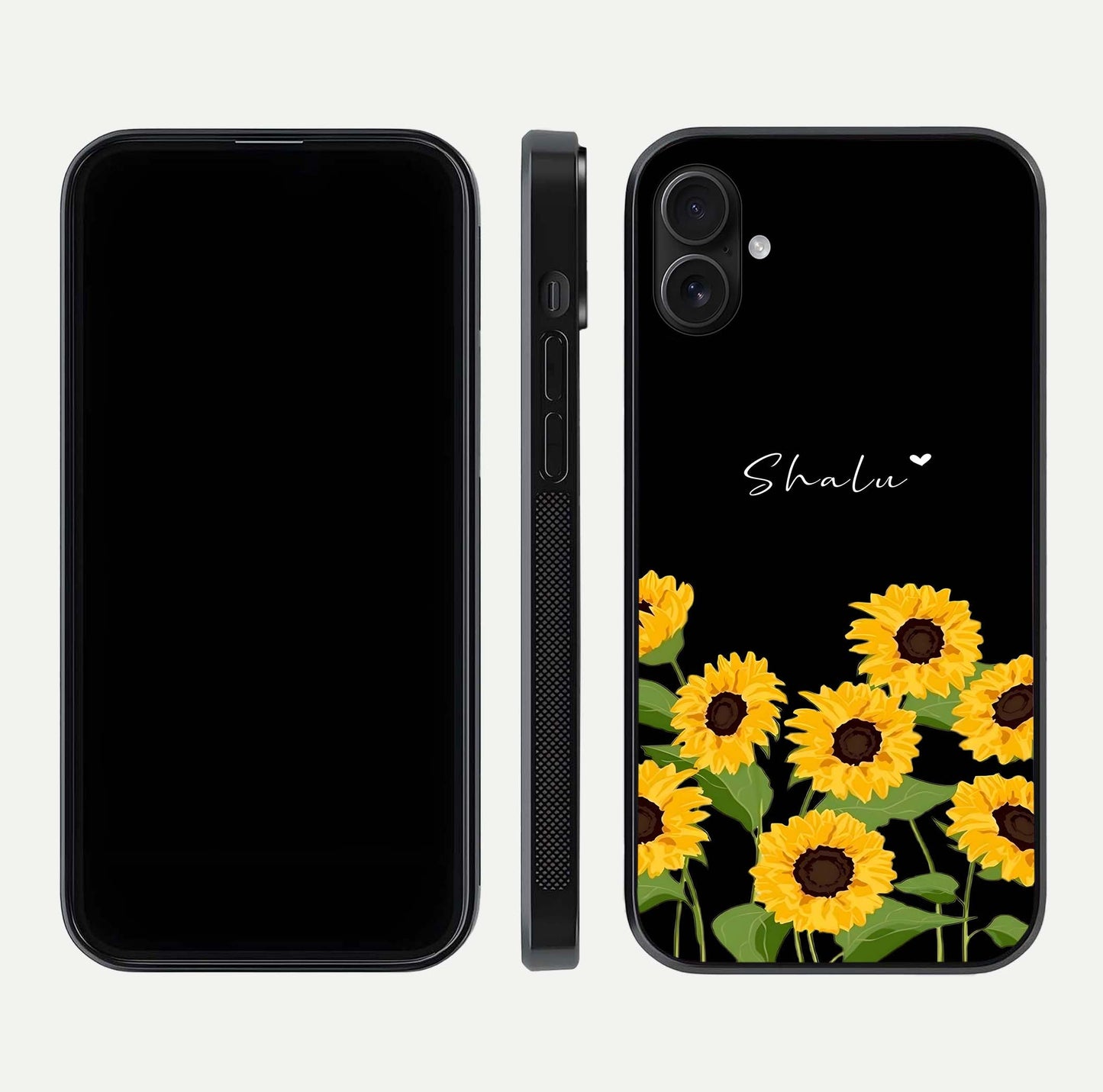 Sunflower Chic Mood Custom Name Glass Case for iPhone 16 Plus front & back layout highlighting custom text zone and shine