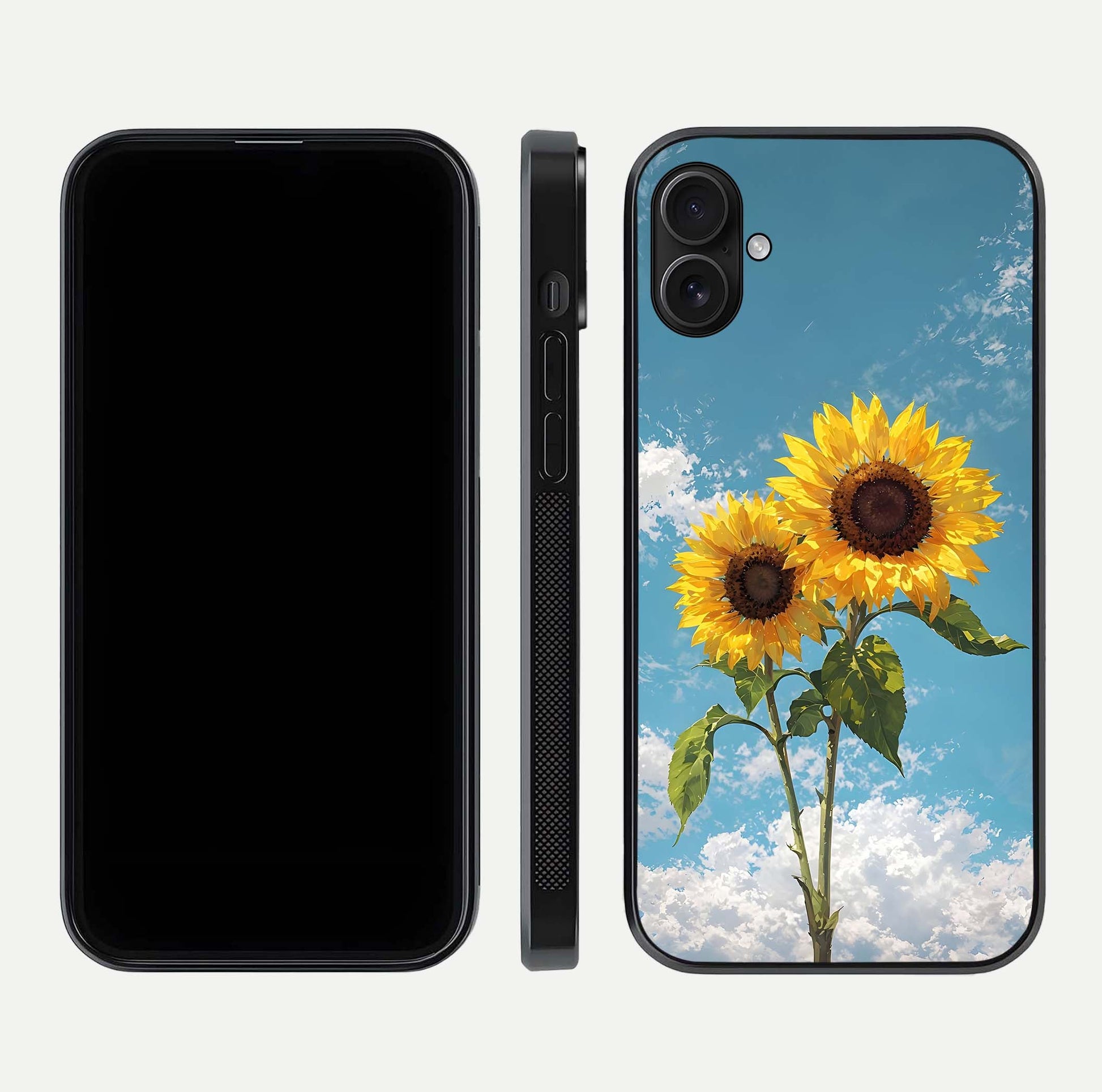 Sunflower Sky Bloom Glass Case for iPhone 16 Plus front & back layout showing soft blue tones and flower contrast
