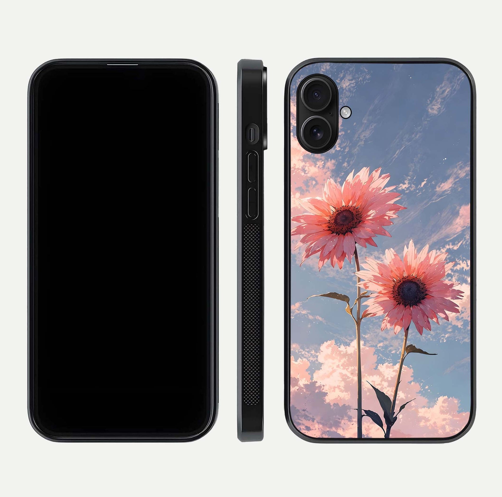 Sunlit Daisy Glow Glass Case for iPhone 16 Plus front & back layout showing vibrant sunlight hues and clean edge