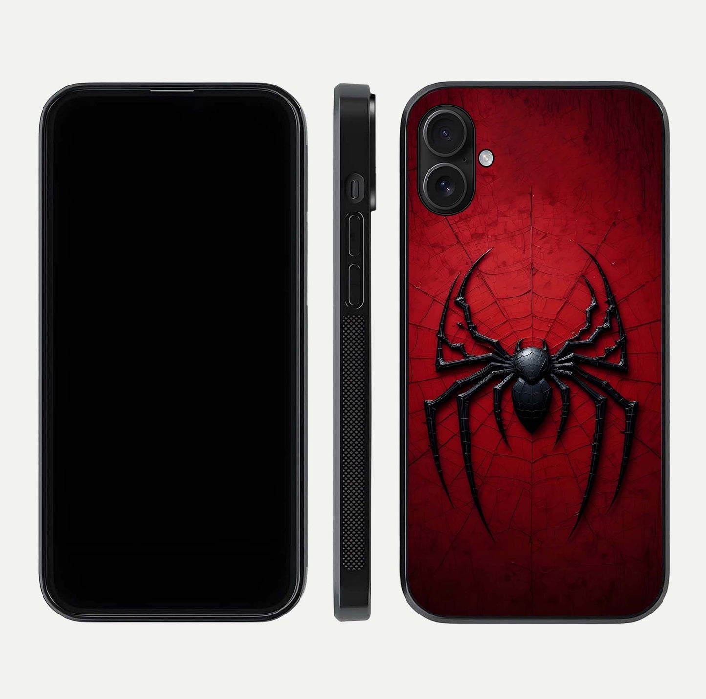 Venom Web Emblem Glass Case for iPhone 16 Plus front & back layout showing contrast art and curved glass edges