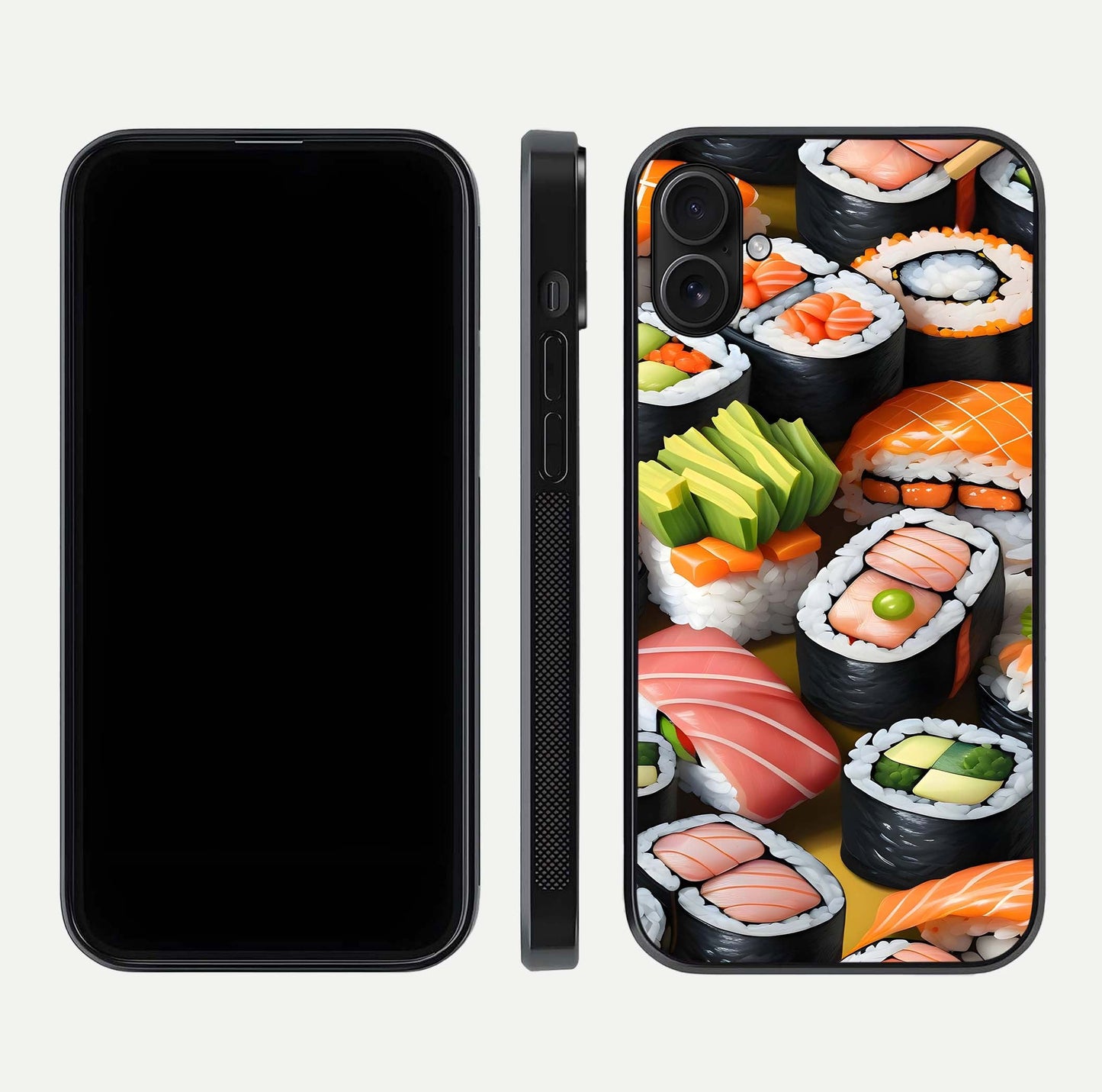 Sushi Food Pattern Glass Case for iPhone 16 Plus front & back layout showing playful food theme and clear edges