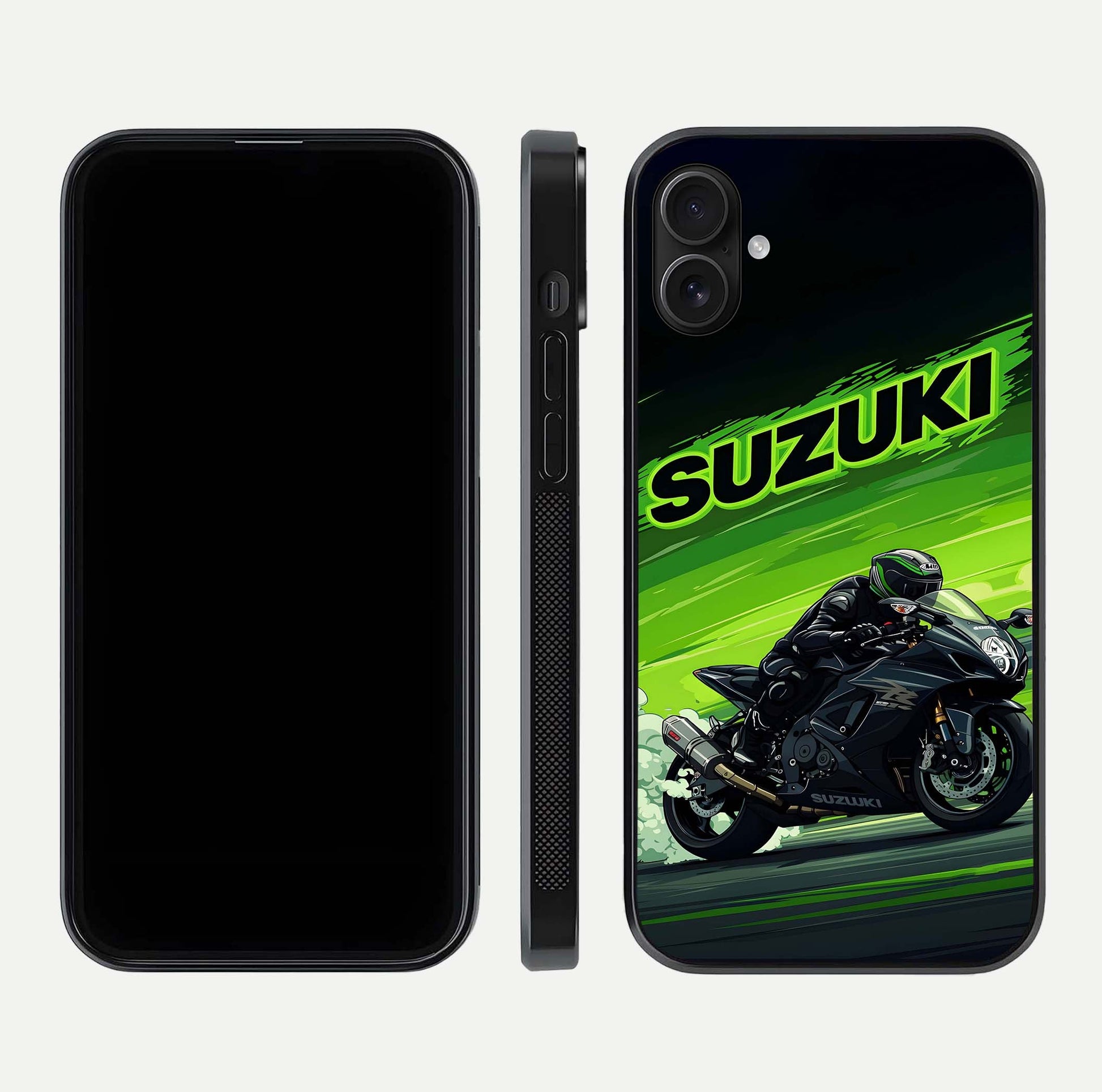 Suzuki Speed Beast Glass Case for iPhone 16 Plus front & back layout showing motion blur and sleek edges