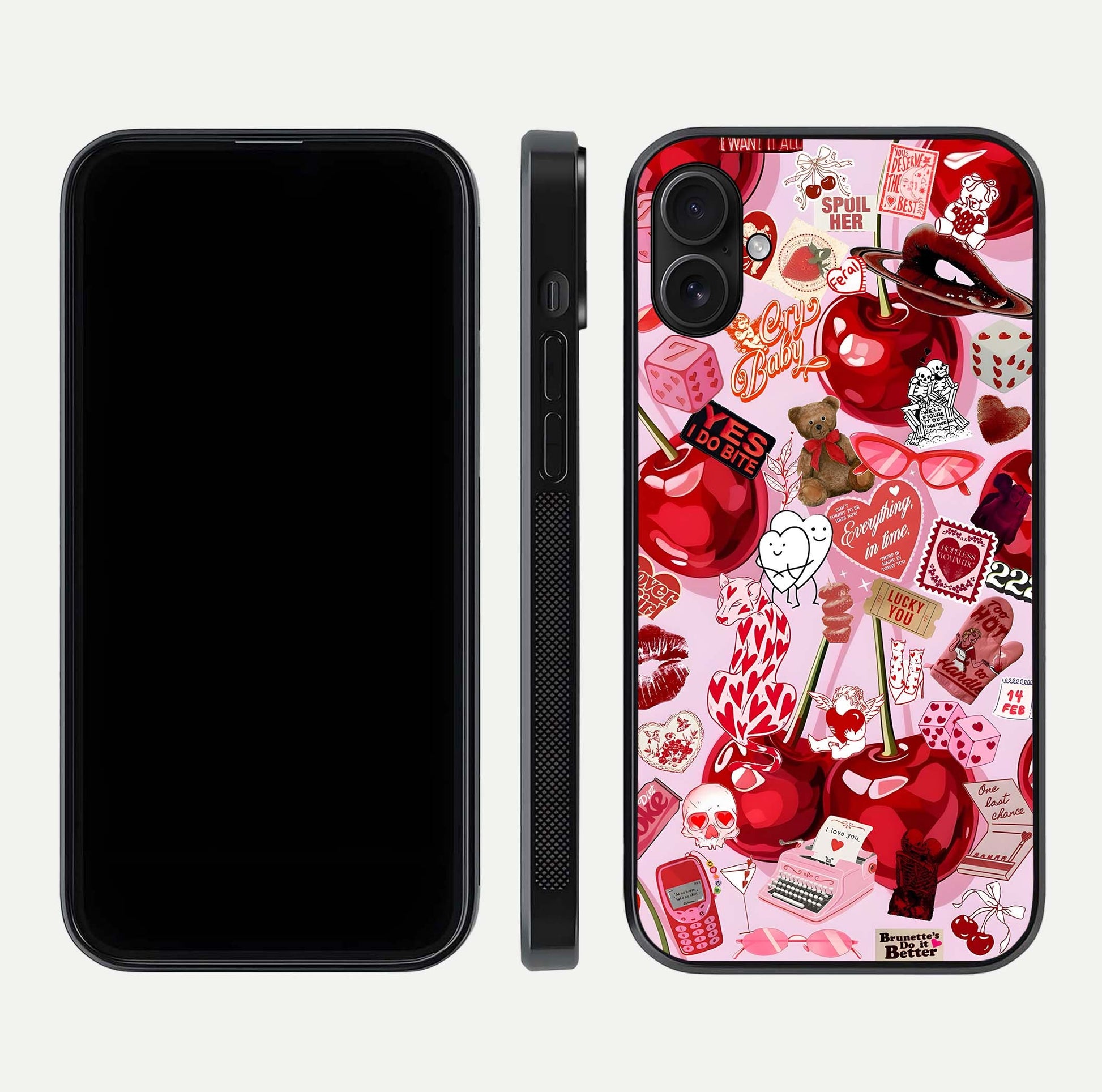 Sweet Cherry Chaos Glass Case for iPhone 16 Plus front & back layout showing vibrant cherries and smooth edges