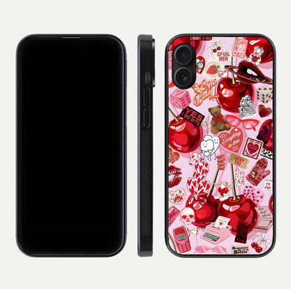 Sweet Cherry Chaos Glass Case for iPhone 16 Plus front & back layout showing vibrant cherries and smooth edges