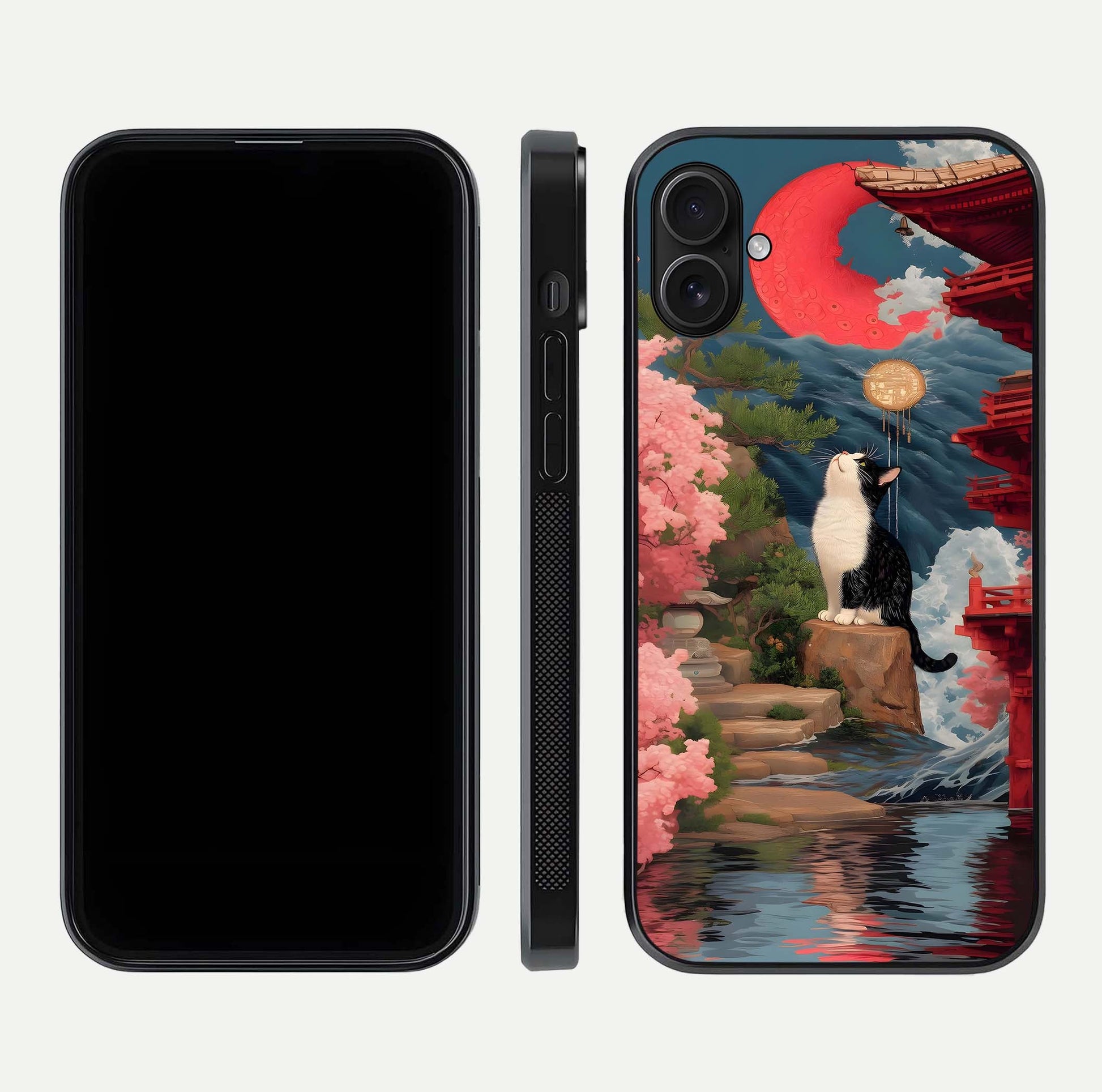 Temple Cat Scenery Glass Case for iPhone 16 Plus front & back layout showing scenic print and edge design