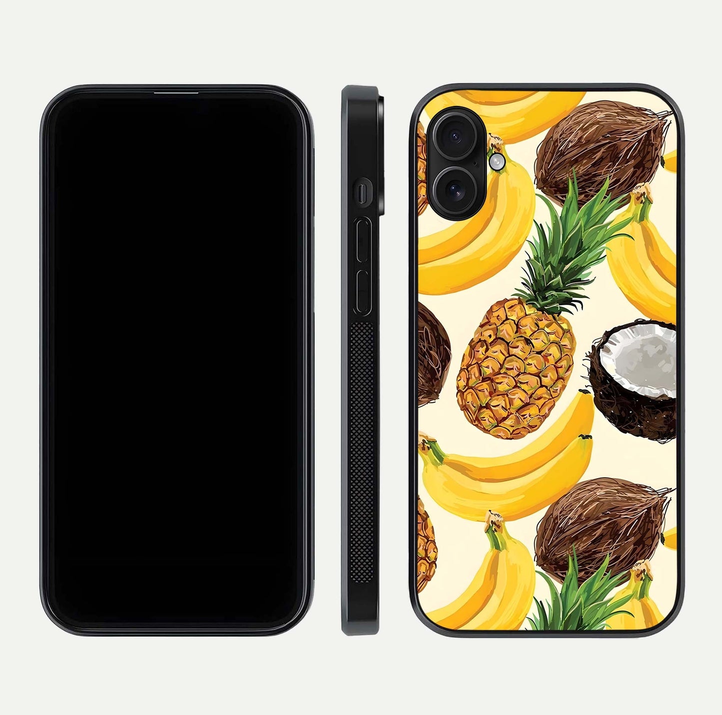 Tropical Fruit Mood Glass Case for iPhone 16 Plus front & back layout showing playful tones and clean edge
