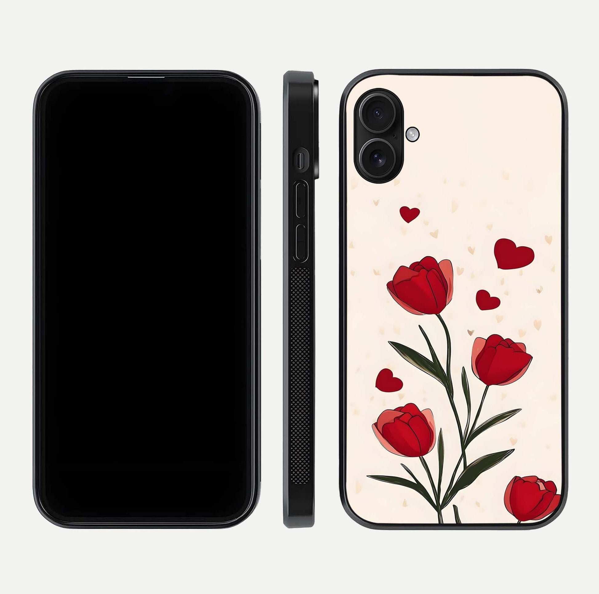 Tulip With Heart Glass Case for iPhone 16 Plus front & back layout showing heart motif and elegant gloss finish