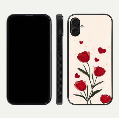 Tulip With Heart Glass Case for iPhone 16 Plus front & back layout showing heart motif and elegant gloss finish