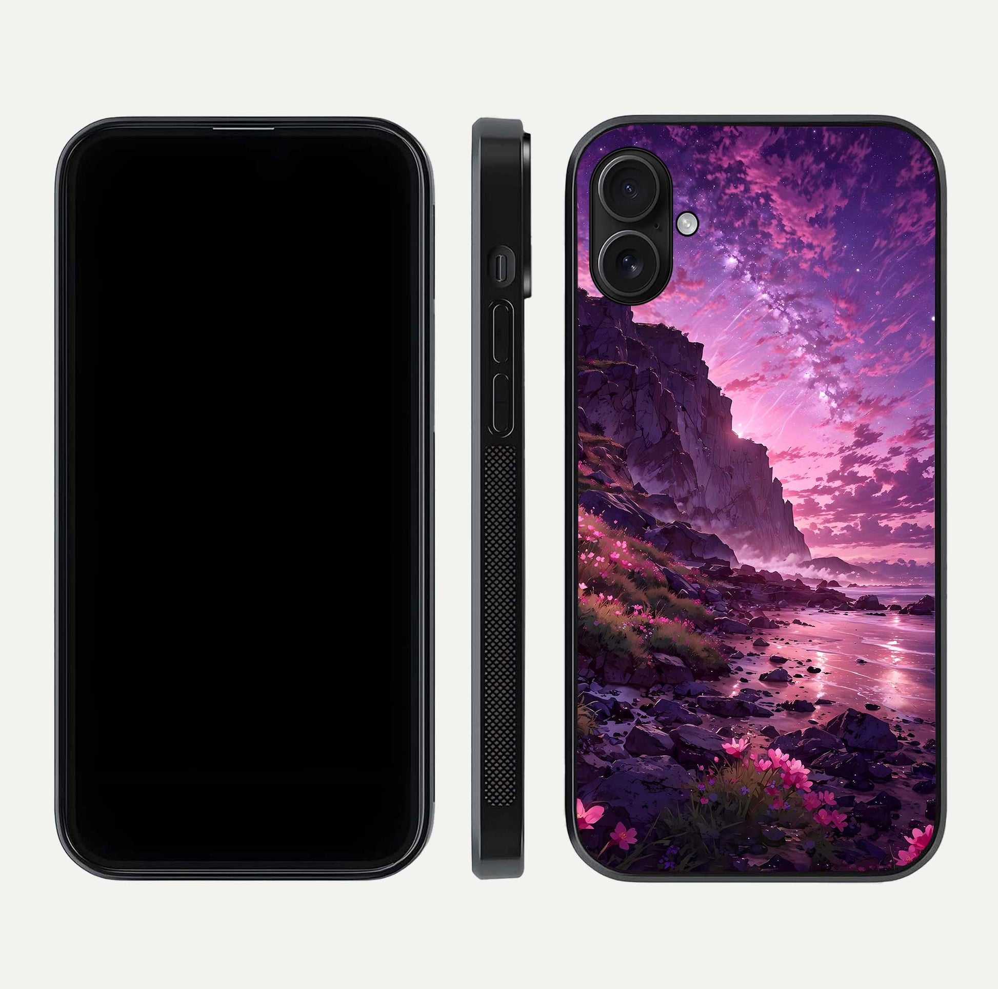 Twilight Blossom Coast Glass Case for iPhone 16 Plus front & back layout showing floral tones and curved edge
