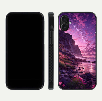 Twilight Blossom Coast Glass Case for iPhone 16 Plus front & back layout showing floral tones and curved edge