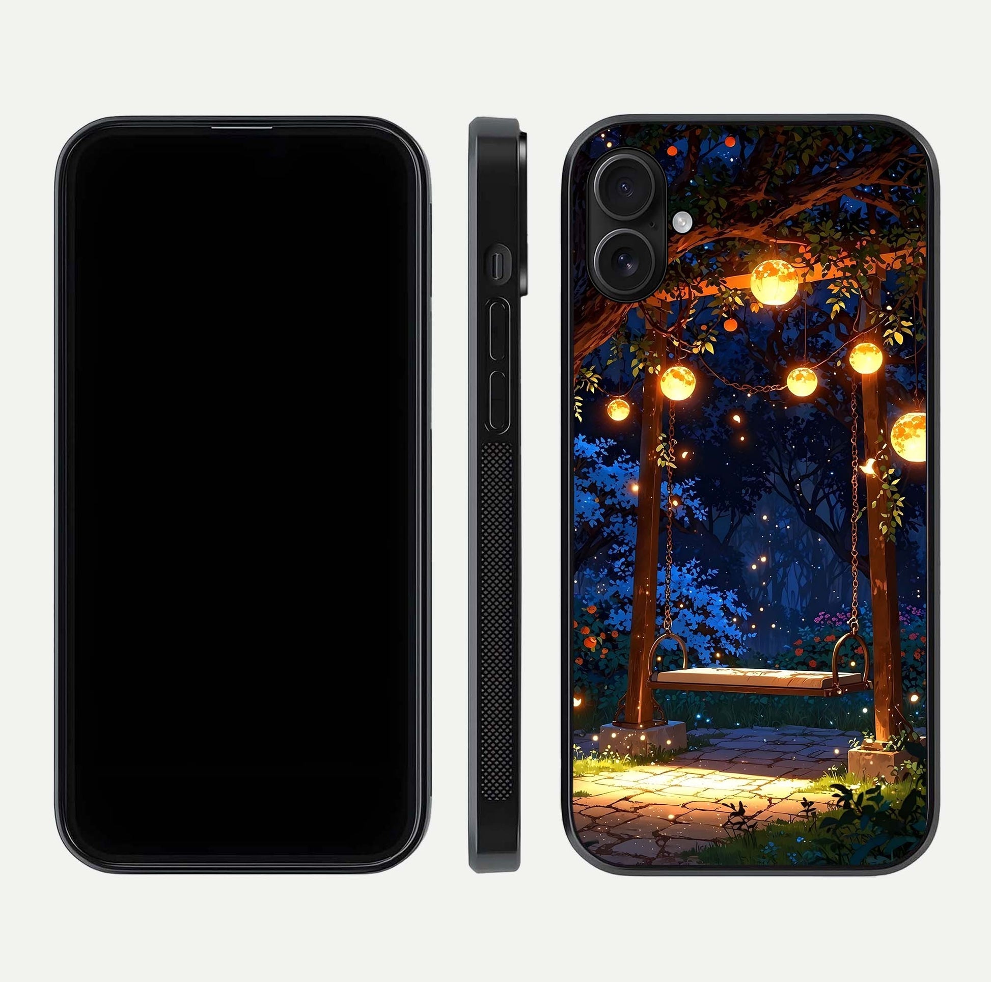 Twilight Garden Swing Glass Case for iPhone 16 Pro front & back layout showing garden art and clean edge