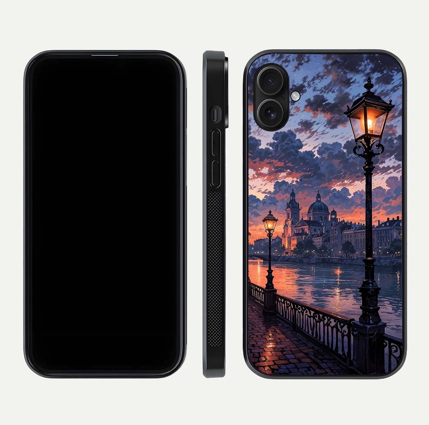 Twilight River Lights Glass Case for iPhone 16 Plus front & back layout showing scenic artwork and smooth curved edges