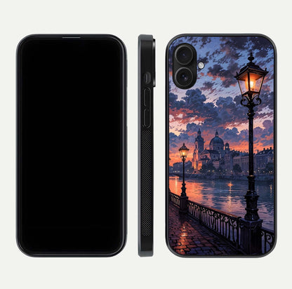 Twilight River Lights Glass Case for iPhone 16 Plus front & back layout showing scenic artwork and smooth curved edges