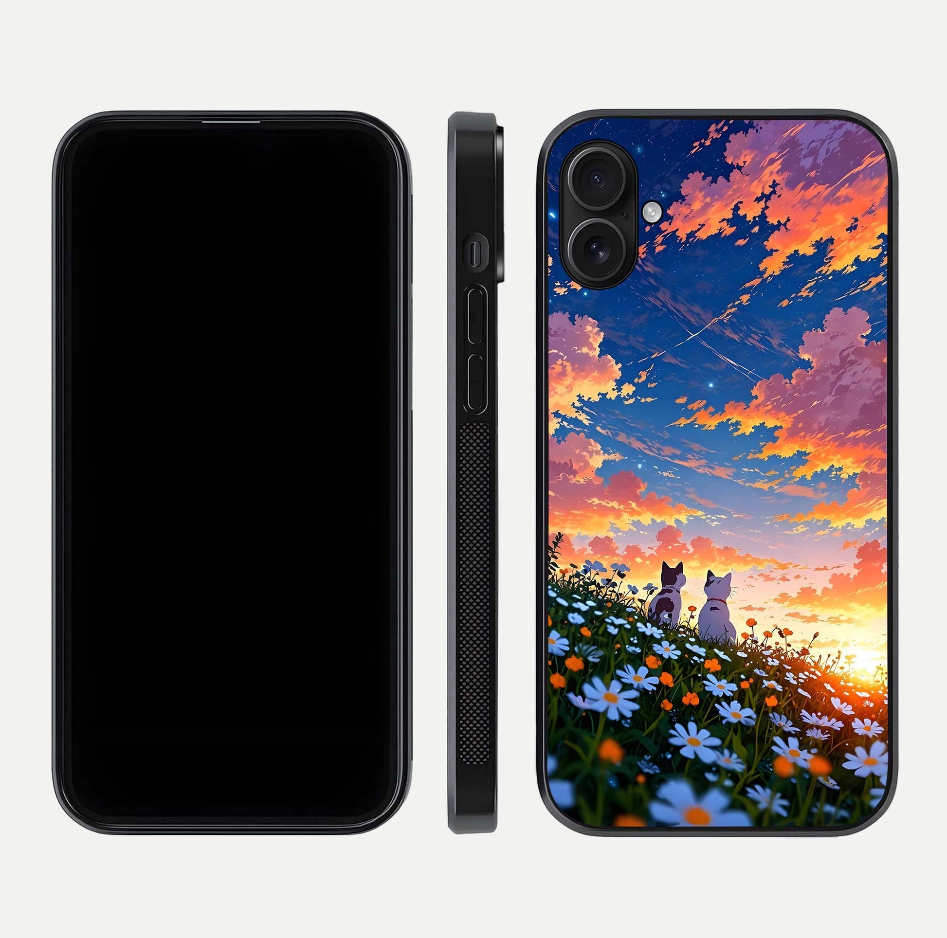 Two Cats Friends Glass Case for iPhone 16 Plus front & back layout showing friendly cat theme and edge design