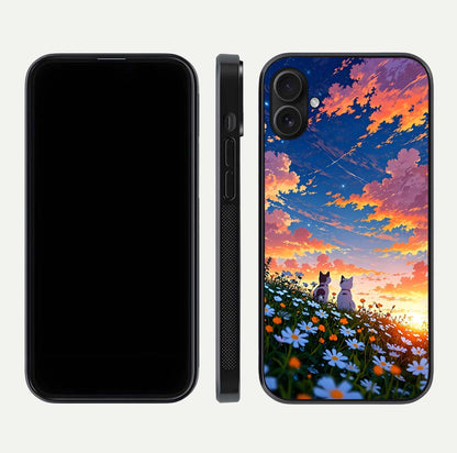 Two Cats Friends Glass Case for iPhone 16 Plus front & back layout showing friendly cat theme and edge design
