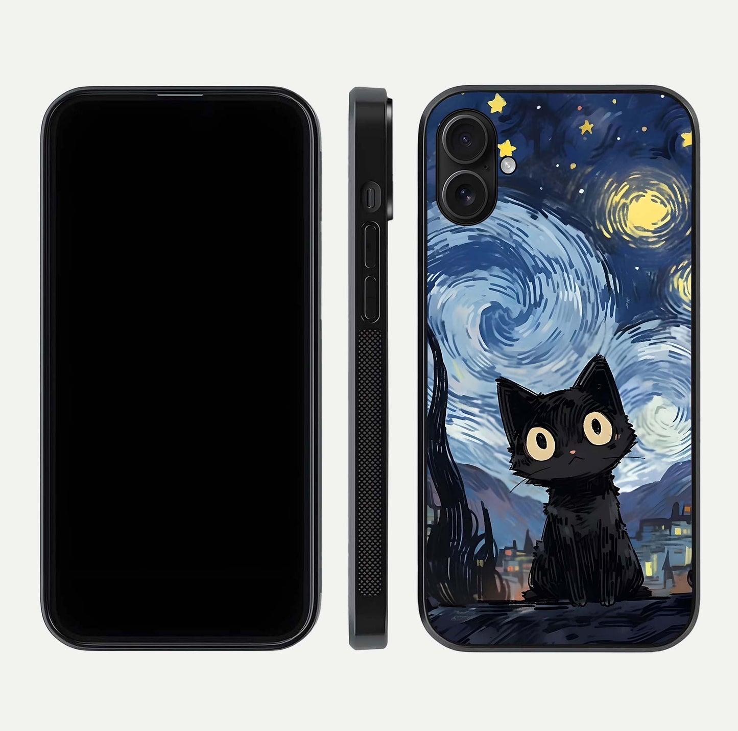 Van Gogh Cat Glass Case for iPhone 16 Plus front & back layout showing detailed art print and curved glass edges
