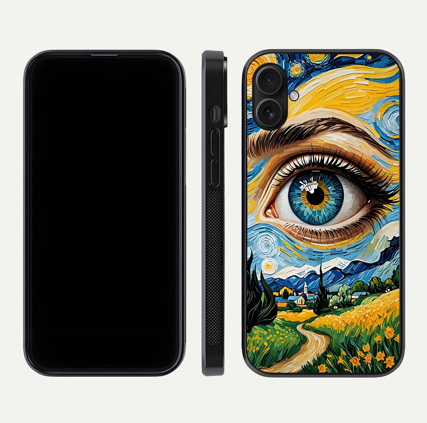 Van Gogh Eye Glass Case for iPhone 16 Plus front & back layout showing brushstroke detail and smooth finish