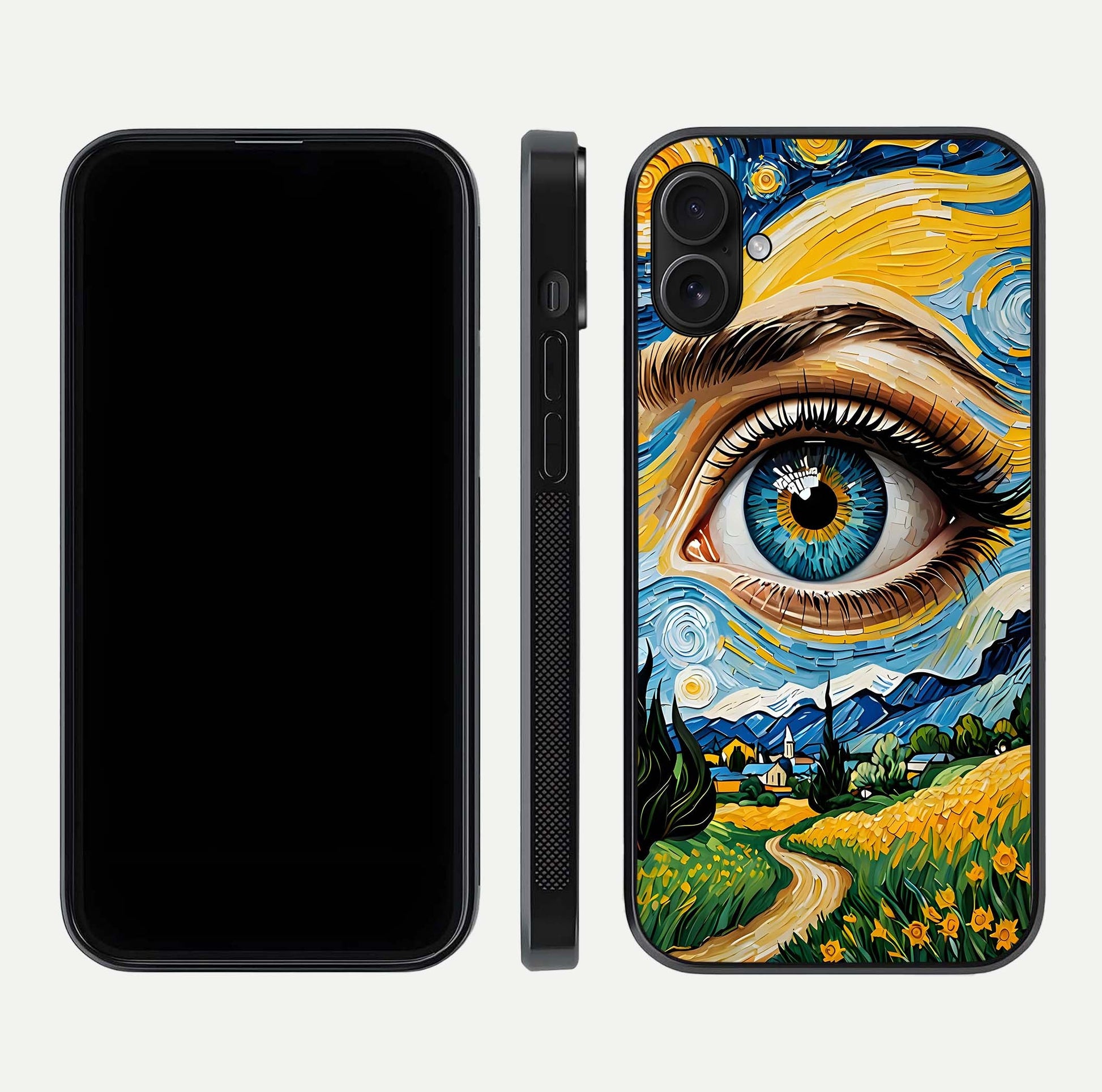 Van Gogh Eye Glass Case for iPhone 16 Plus front & back layout showing brushstroke detail and smooth finish