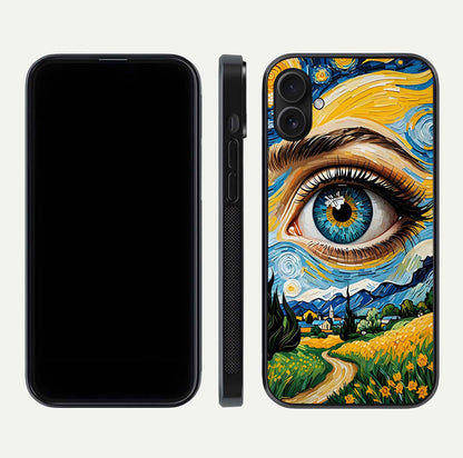 Van Gogh Eye Glass Case for iPhone 16 Plus front & back layout showing brushstroke detail and smooth finish