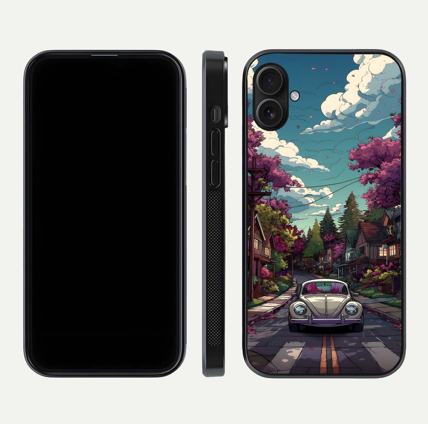 Vintage Street Drive Glass Case for iPhone 16 Plus front & back layout showing retro street scene and edges