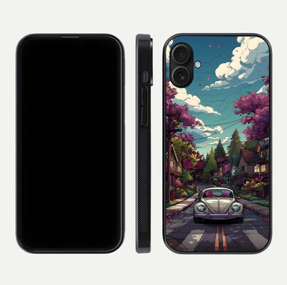 Vintage Street Drive Glass Case for iPhone 16 Plus front & back layout showing retro street scene and edges