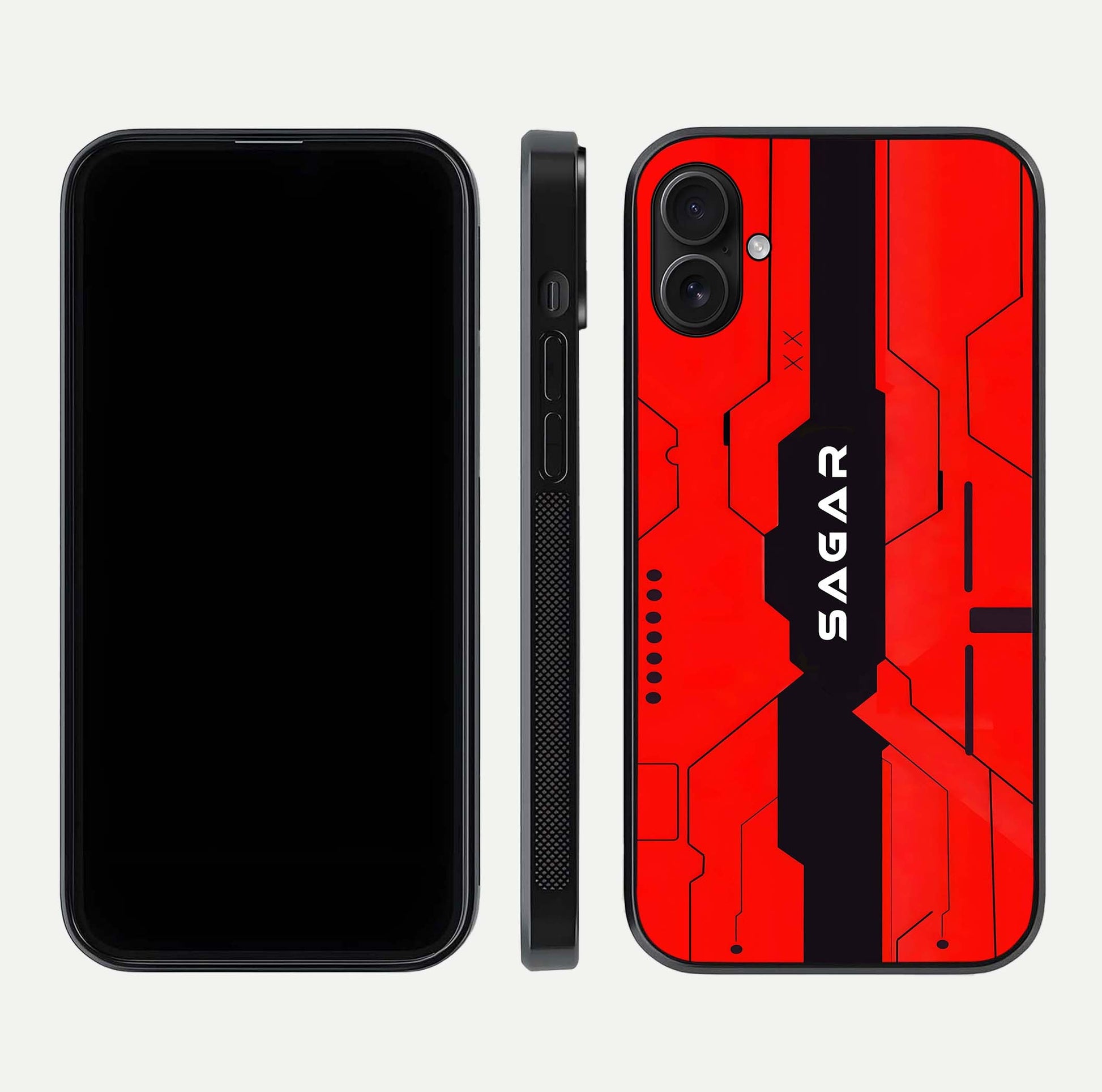 Voltage Rise CYBERPUNK Custom Name Glass Case for iPhone 16 Plus front & back layout showing futuristic tones and sleek edge