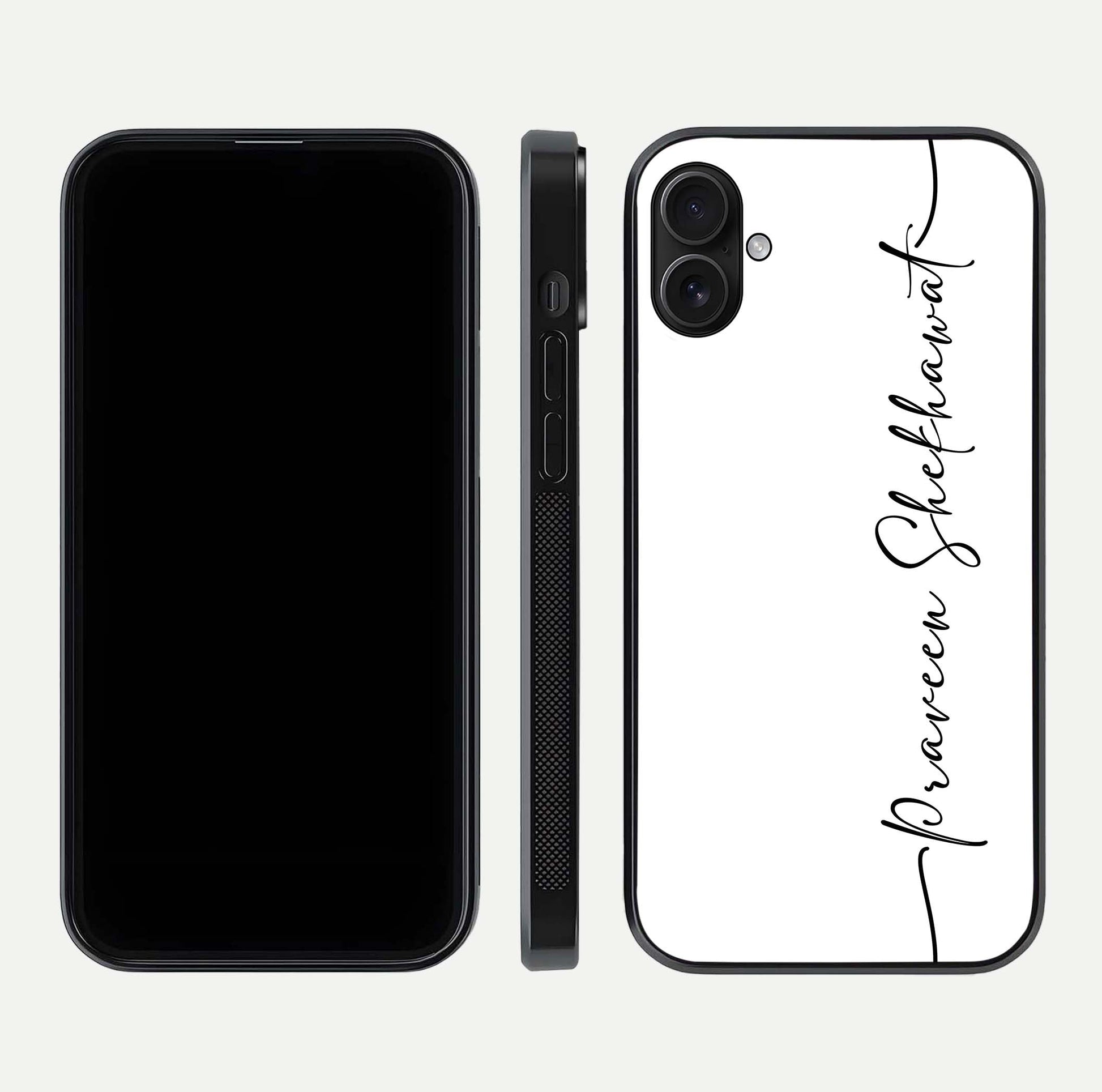 White Tune Custom Name Glass Case for iPhone 16 Plus front & back layout showing clean design and text placement