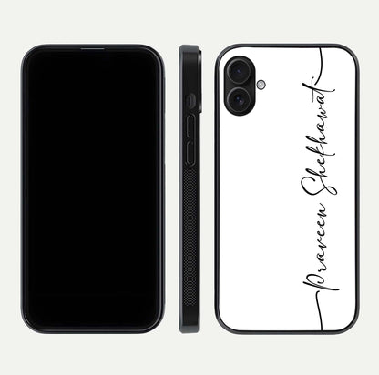 White Tune Custom Name Glass Case for iPhone 16 Plus front & back layout showing clean design and text placement