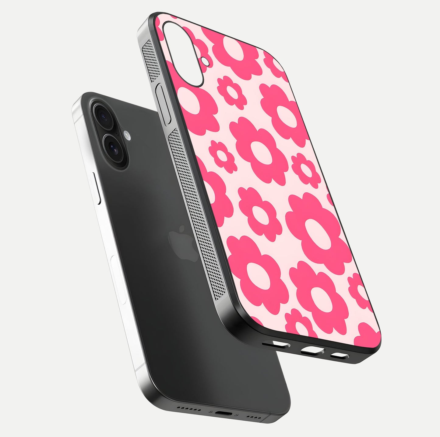 Blush Flower Pop iPhone 16 Plus glass phone case floating view emphasizing premium build and vibrant flower artwork