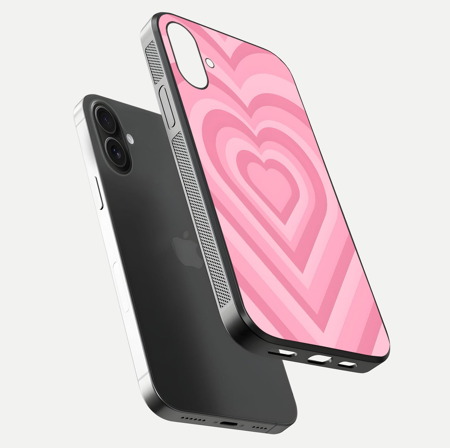 Blush Heart Waves iPhone 16 Plus glass phone case floating view emphasizing glossy finish and layered heart design