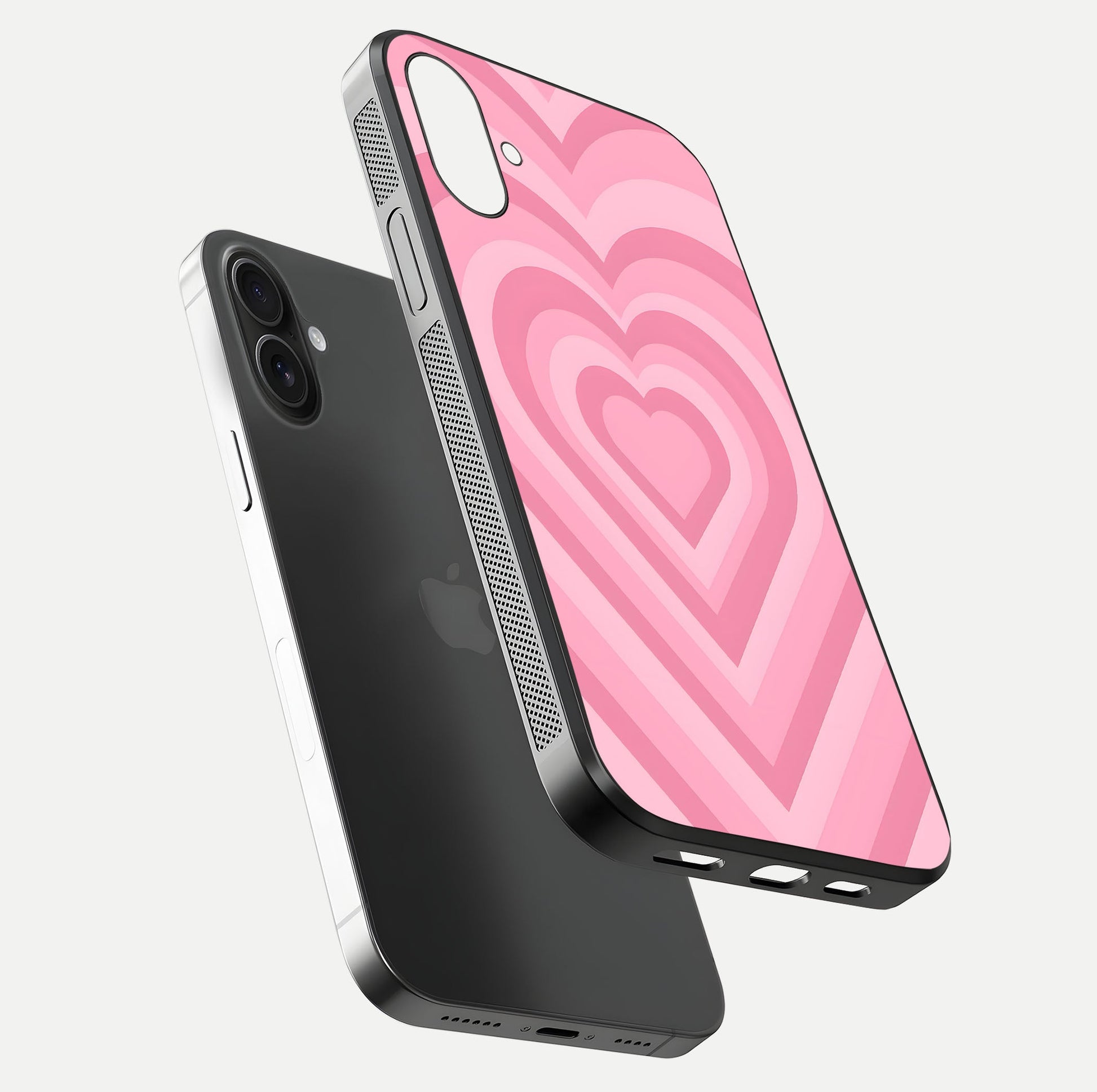 Blush Heart Waves iPhone 16 Plus glass phone case floating view emphasizing glossy finish and layered heart design